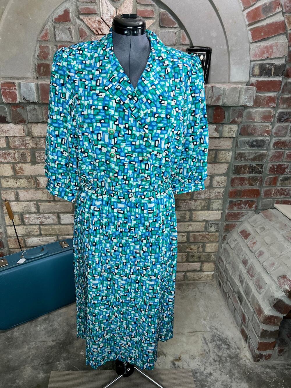 shirt dress geometric matching belt green blue white